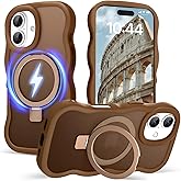 Amzfield for iPhone 16 Case, Compatible with Magsafe with Invisible Magnetic Ring Stand Wavy Frame Cute Translucent Matte Hard Back Silicone Bumper Shockproof Phone Case Women Girls, Brown