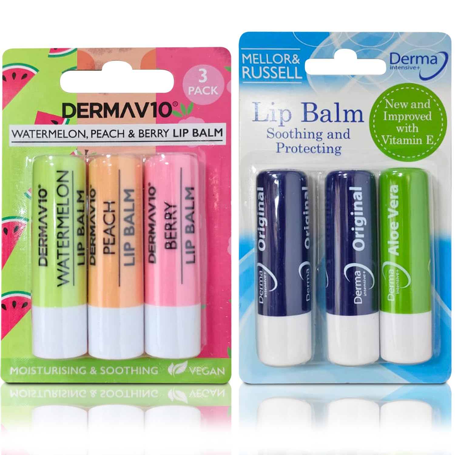 Bestus Derma V10 Lip Balm 2‑Pack – Original, Watermelon, Peach, Aloe Vera & Berry Flavors – Deep Hydration & 10‑Vitamin Care for Dry, Chapped Lips – SPF‑Free