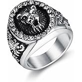 HETIMXIA Roaring Lion CZ Iced Out Ring Lion Head Rings for men Bling Biker 316 Stainless Steel Men's Ring Iced Out Jewelry Punk Ring Hip Hop Heavy Metal Cocktail Party Ring Vintage Animal Rings mens fashion rings