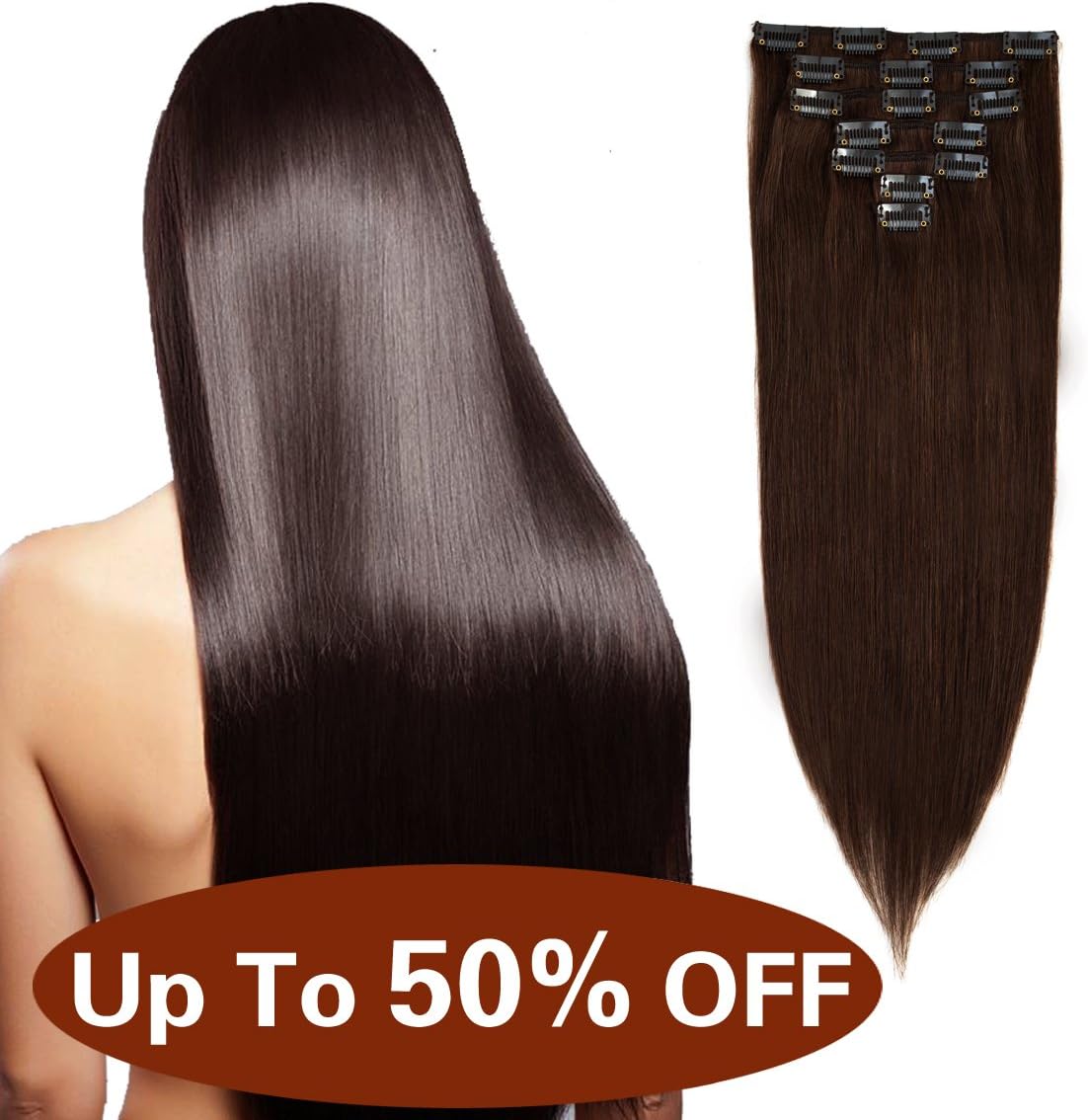 Urbest Hair Human Hair Clip on Extensions Double Weft 20" Brazilian Hair Clip in Hair Extensions 100% Remy Hair Grade 7A 7Pieces/Lot 80g with 16Clips (20"-80g,Dark Brown #2)