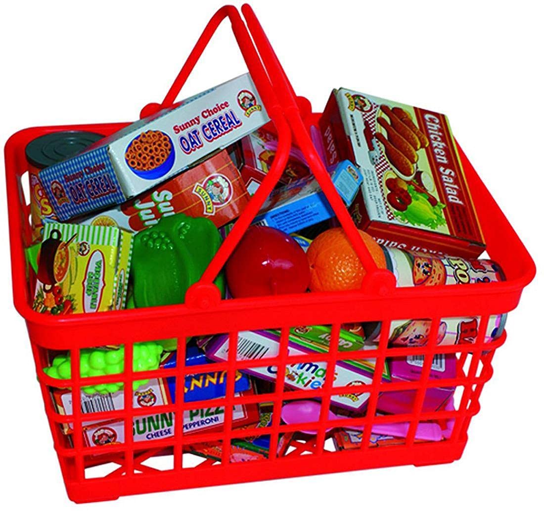 PETERKIN | Grocery Basket Playset Toy | 25cm plastic grocery basket with over 40 assorted accessories including boxes, plastic foods and cutlery | Roleplay Toys | Ages 3+
