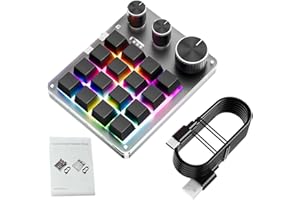 ASHATA Programmable Macro Pad, 16 Keys + 3 Knobs, USB Wired BT Mode Macro Keyboard Mini Gaming Keypad, Versatile Shortcut Key