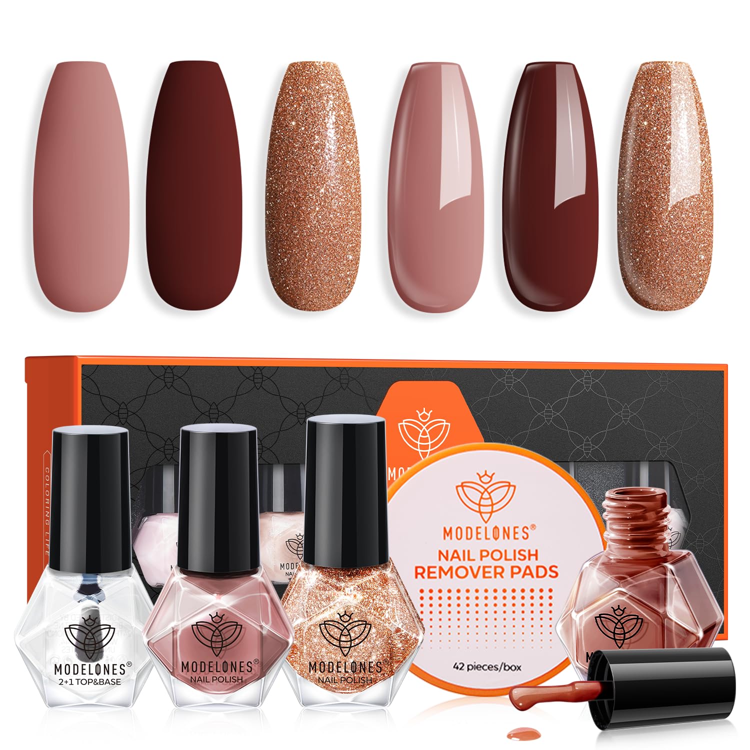 modelones Nail Polish Set 3 Colors Brown Glitter Mini Nail Polish Kit with Top and Base Coat & Remover Pad Fall Winter Nail Polish Finger Nail Polish Bulk Manicure Diy Nail Art Salon Home