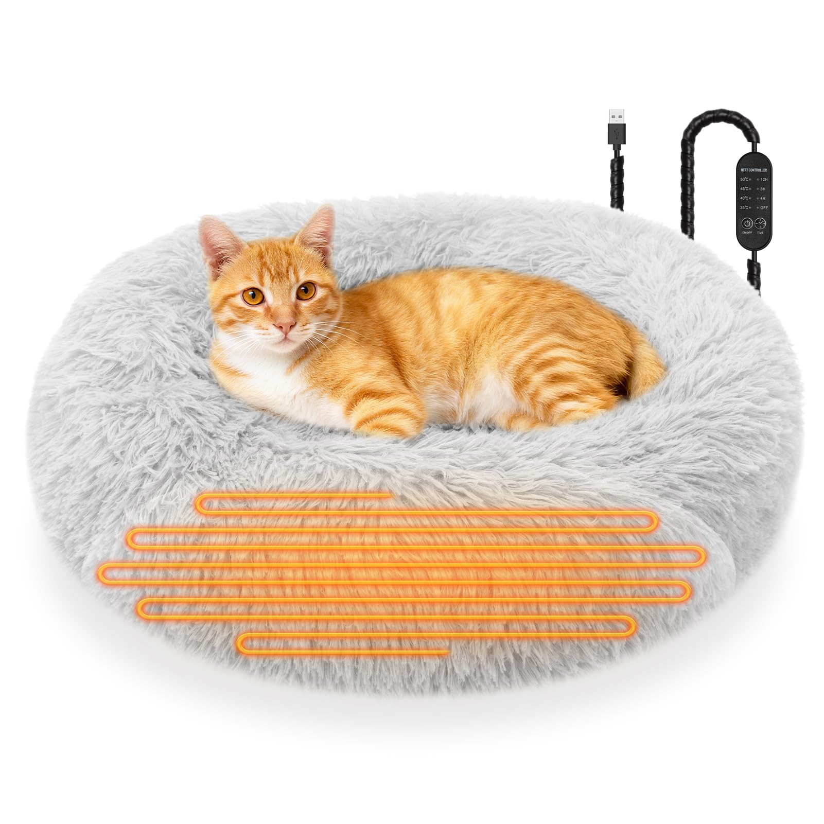 Photo 1 of Heated Cat Beds for Indoor Cats and Small Dogs, 24'' Heated Pet Bed with Timer and Temp Adjustable, Cozy Fluffy Round Calming Pet Beds Removable Washable Cover USB Electric Warm Cat Bed- Light Gray