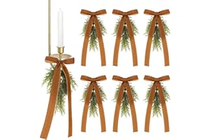 Chuangdi 6 Pcs Christmas Teardrop Swag with Velvet Bow for Wall Candle Sconce Cypress Swag Wreath Brown Bow Decor Artificial Greenery Cedar Ornaments for Christmas Xmas Wall Cabinet Chandelier Decor