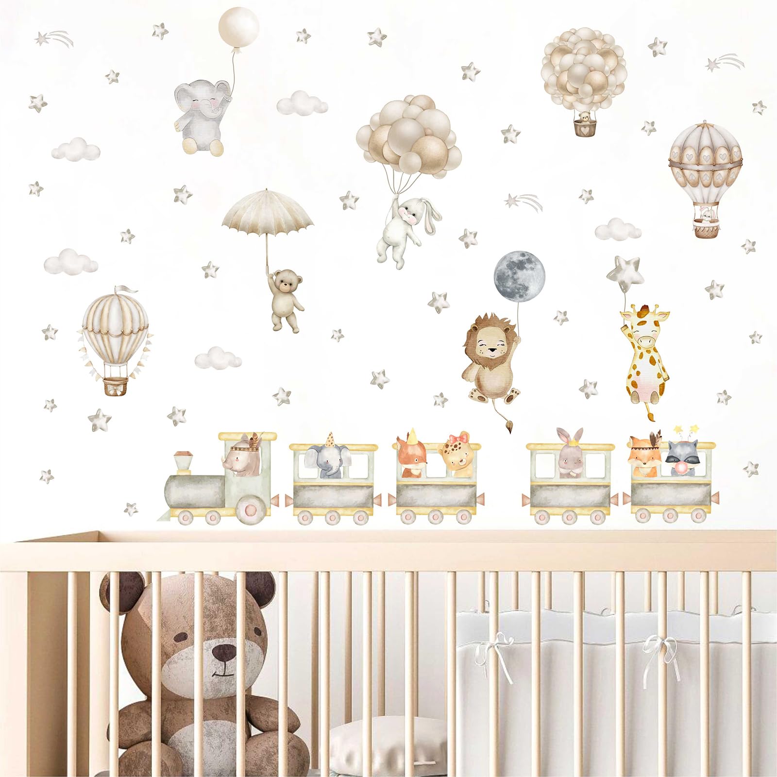 MOSITU Cartoon Animal Wall Decals 2 Sheets Nursery Stickers with Elephant Lion Giraffe Bunny Hot Air Balloon Train Moon Stars Clouds for Kids Bedroom