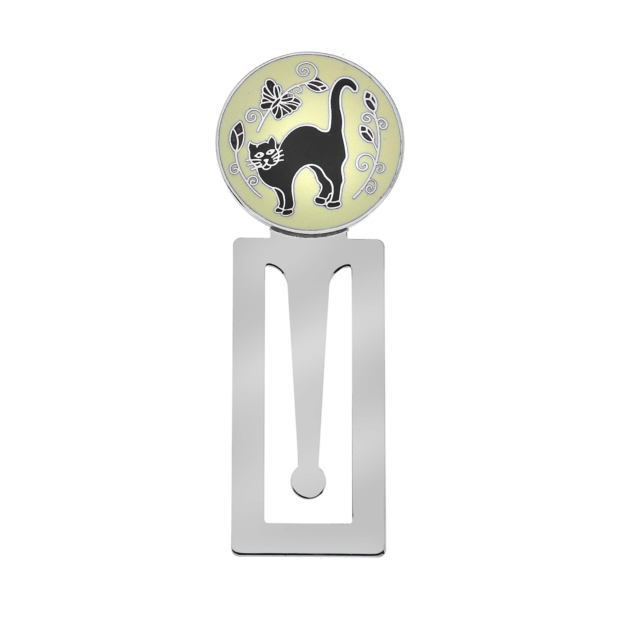 Sea Gems Silver Plated Enamelled Round Bookmark with Black Cat