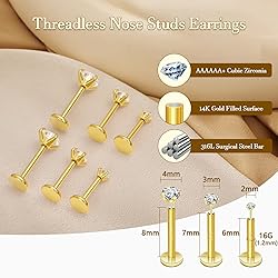 3 Pairs 6 Pcs 14K Gold 16G Threadless Nose