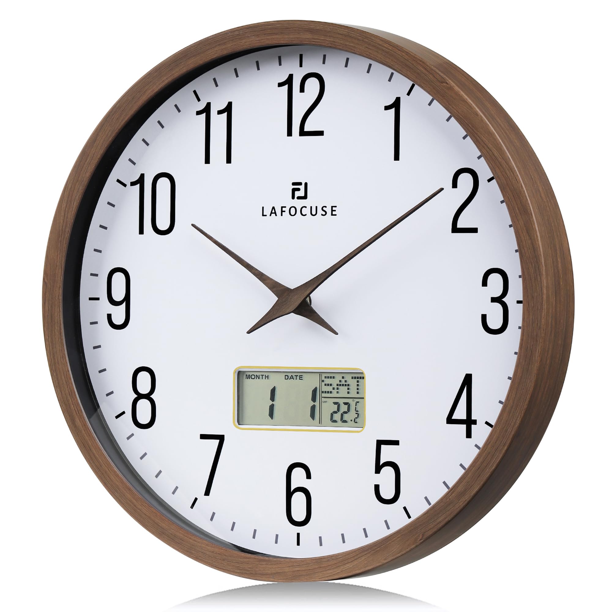 Photo 1 of Lafocuse Brown Wooden Grain Frame LCD Wall Clock with Date and Temperature,Time,Month,Day of Week,Silent Quartz Digital Wall Clocks Battery Operated 12 inch Decorative for Living Room Office Bedroom