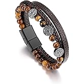 BOPREINA Life Tree Leather Bracelet for Men Multi-Layer Braided Natural Stone Tiger Eye Black Agate Beads Cuff Wristband Anniversary Birthday Christmas Jewelry Gifts for Him