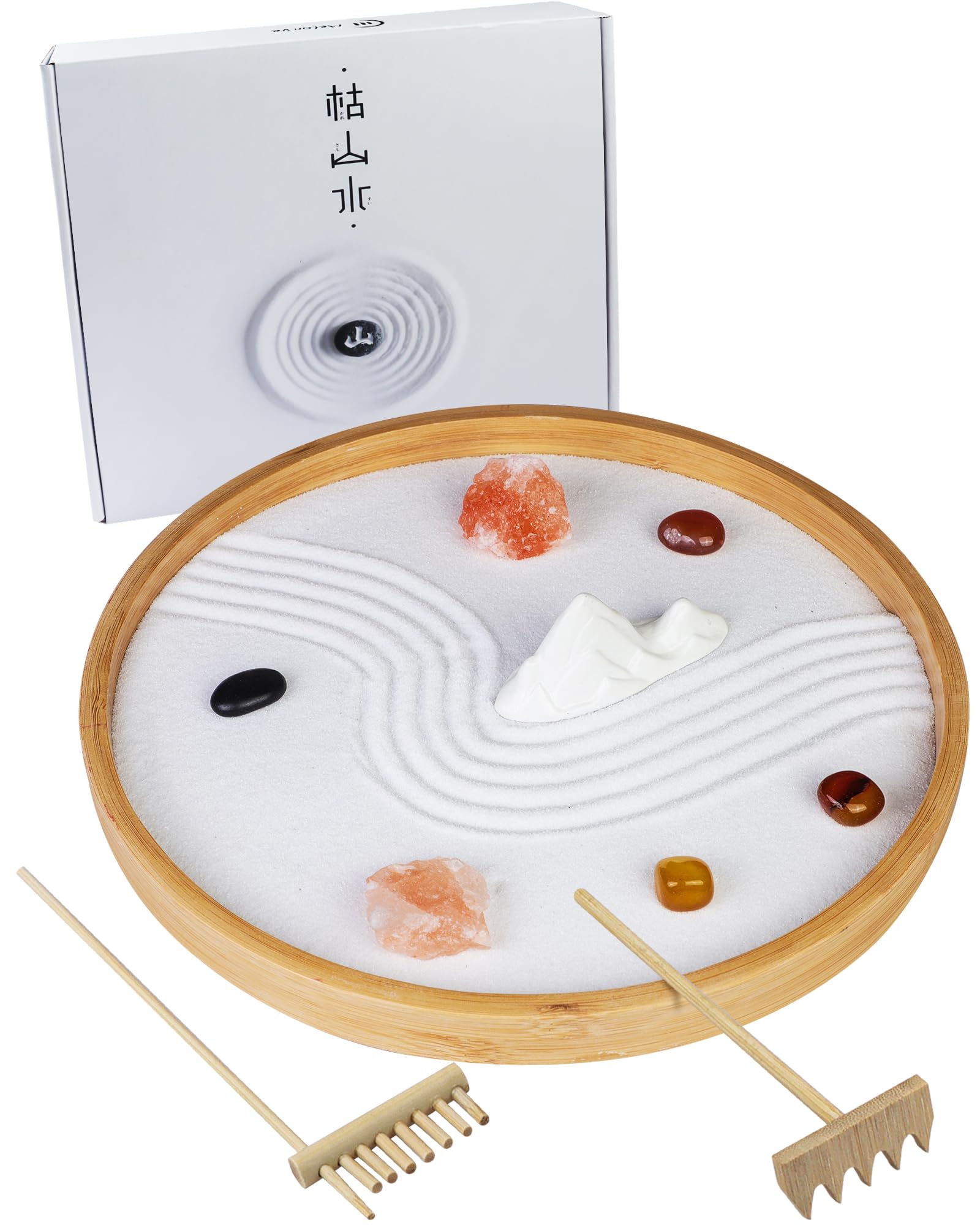 Photo 1 of Melonva Japanese Zen Garden for Desk - Static Mountain 10" x 10" Desktop Mini Zen Garden with White Sand Artificial Tree Rocks Rakes & Accessories - Meditation Zen Gifts Sand Garden Kit for Office