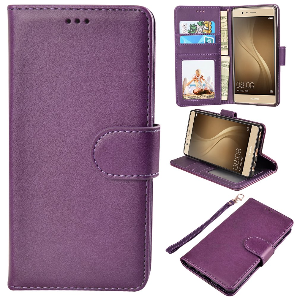 Huawei P9 Case, MagicSky Wallet Case Folio Flip Premium PU Leather Case Cover with Card Holder Slot Pockets, Wrist Strap, Magnetic Closure For Huawei P9 - Purple