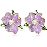 JIMARIN Unique Boho 14K Gold Enamel 3D Flower Leaf Stud Earrings Floral Petal Dangle Drop Earrings with Pearl Stamen For Women