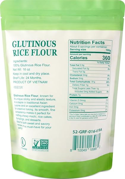 52USA GLUTINOUS RICE FLOUR 16 OUNCE (BASIC), 1 POUND (PACK OF 1), RICE FLOUR FOR BAKING OR COOKING, PRODUCT OF THAILAND, ALL NATURAL WHITE RICE FLOUR, VEGAN