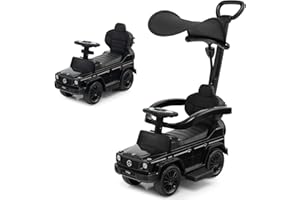 Costzon Push Car for Toddlers, 3 in 1 Mercedes Benz Stroller Sliding Walking Car w/Canopy, Handle, Armrest Guardrail, Underneath Storage, Horn Sound, Foot-to-Floor Ride On Toy for Boys Girls (Black)