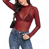 Womens Mesh Top Long Sleeve Fitted Sexy Fashion Sheer Party Date Night Outfit Club Going Out See Through Shirt Mock Neck