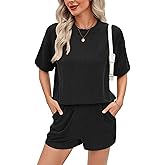 Ekouaer Short Sets for Women 2 Piece Outfits Summer Loose Lounge Set Ribbed Textured Knit Short Sleeve
