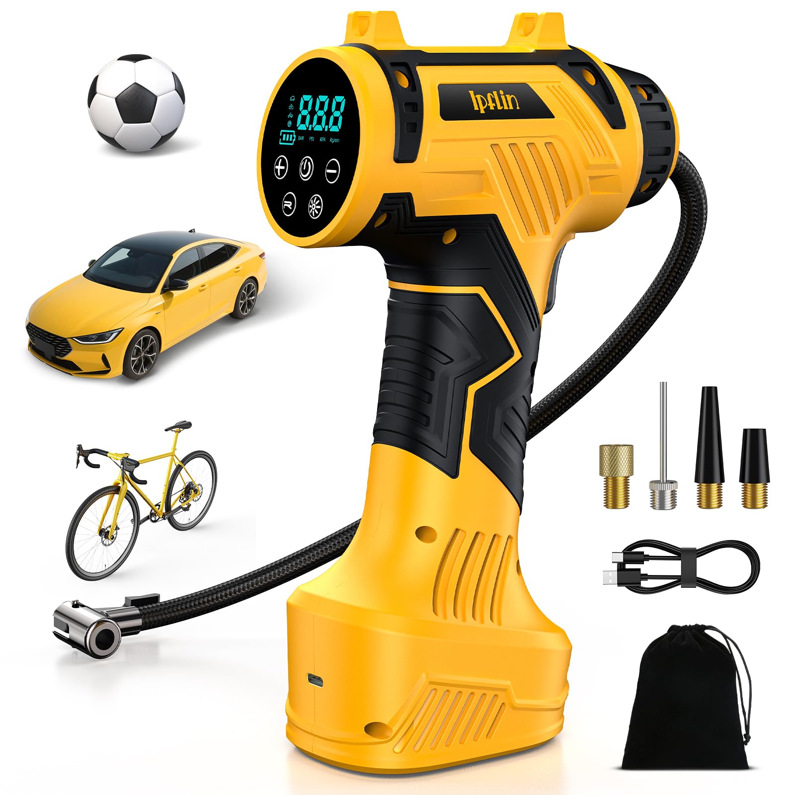 Ipflin Elektrische Auto Luftpumpe Akku Fahrradpumpe - Tragbare Luftpumpe Fahrrad 150PSI - 22L/min Akku Kompressor mit LED-Anzeige/Licht - 4 Voreingestellte Modi für Auto/Fahrrad/Motorrad/Ball