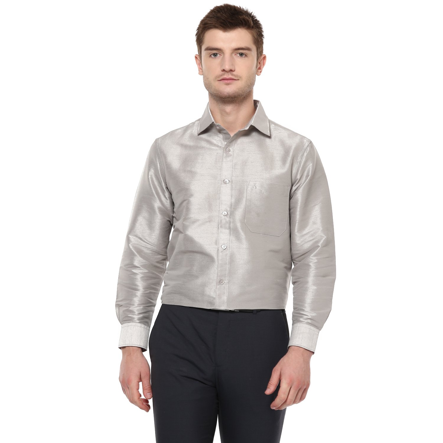 khoday williams men's silver poly silk solid shirt