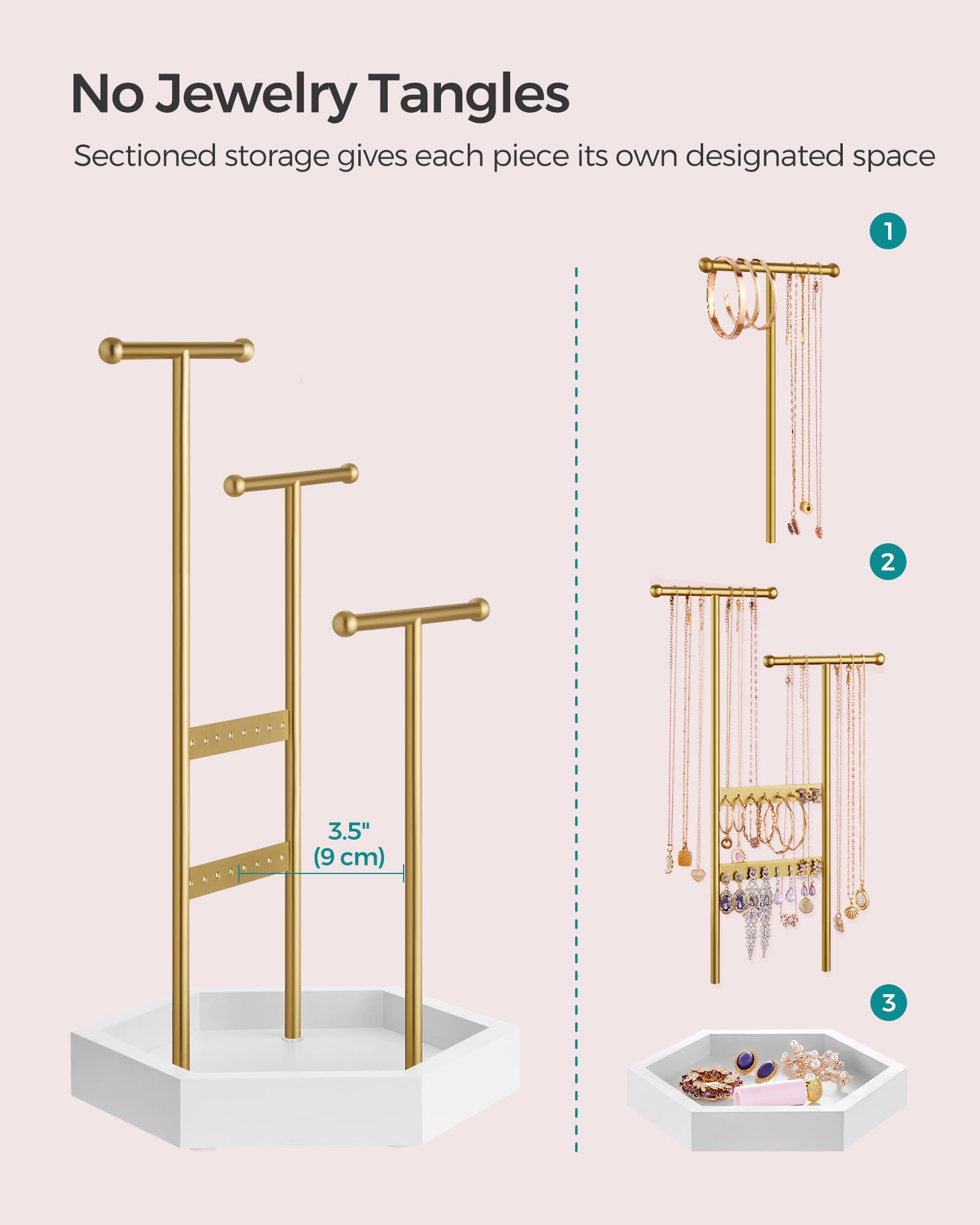 SONGMICS Jewelry Holder, Jewelry Organizer, 3 Tiers and 1 Tray, Jewelry Display Stand with Metal Frame, Necklace Earring Bracelet Holder, for Rings, Pale Gold and White UJJS003A01
