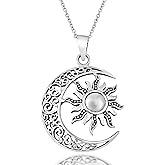 AeraVida Celtic Crescent Moon and Sun Eclipse .925 Sterling Silver Pendant Necklace | Symbolic Celestial Jewelry Gift | Shiny Oxidized Nature-Inspired Design for Women