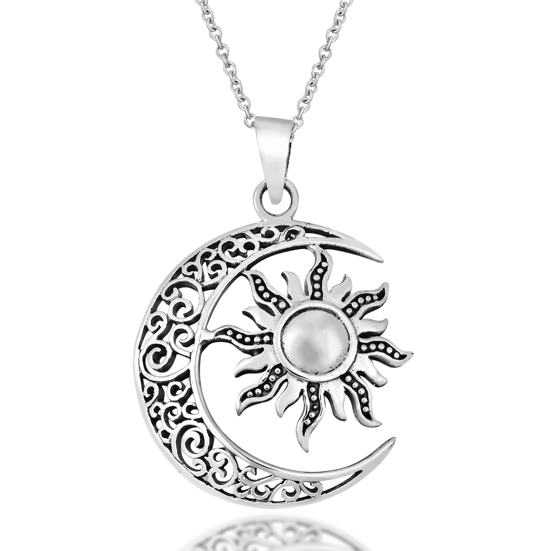 AeraVida Celtic Crescent Moon and Sun Eclipse .925 Sterling Silver Pendant Necklace