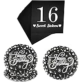 AMNAMN Black and Silver 16th Birthday Decorations Paper Plate and Napkins,16th Birthday Party Decorations Supplies Disposable Tableware Set Napkins and Plates Serve 20