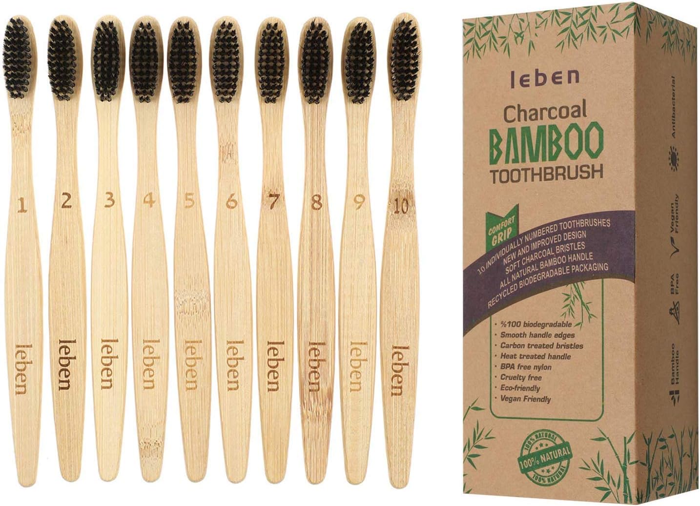 Leben Bamboo Toothbrushes, 10 Pack Bamboo Toothbrushes with Eco