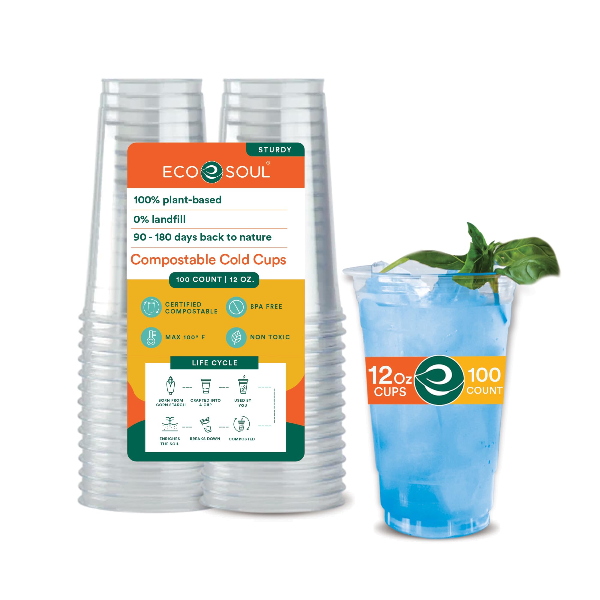 ECO SOUL 100 Compostable Clear Plastic Cups 12 Oz (350 ml) - Eco-Friendly Disposable Cups for Parties, Iced Coffee, Smoothies, Beer & Cold Drinks - Plant-Based, Biodegradable, Recyclable