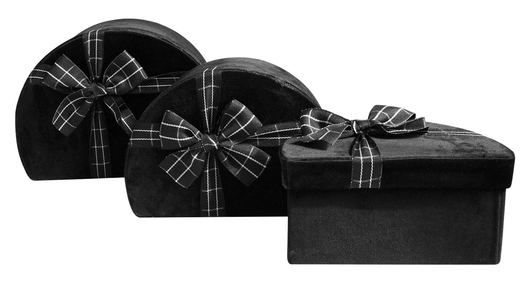 Emartbuy Set of 3 Rigid Luxury Semi Circle Shaped Presentation Velvet Gift Box, Black Gift Box with Black Interior and Striped Decorative Ribbon