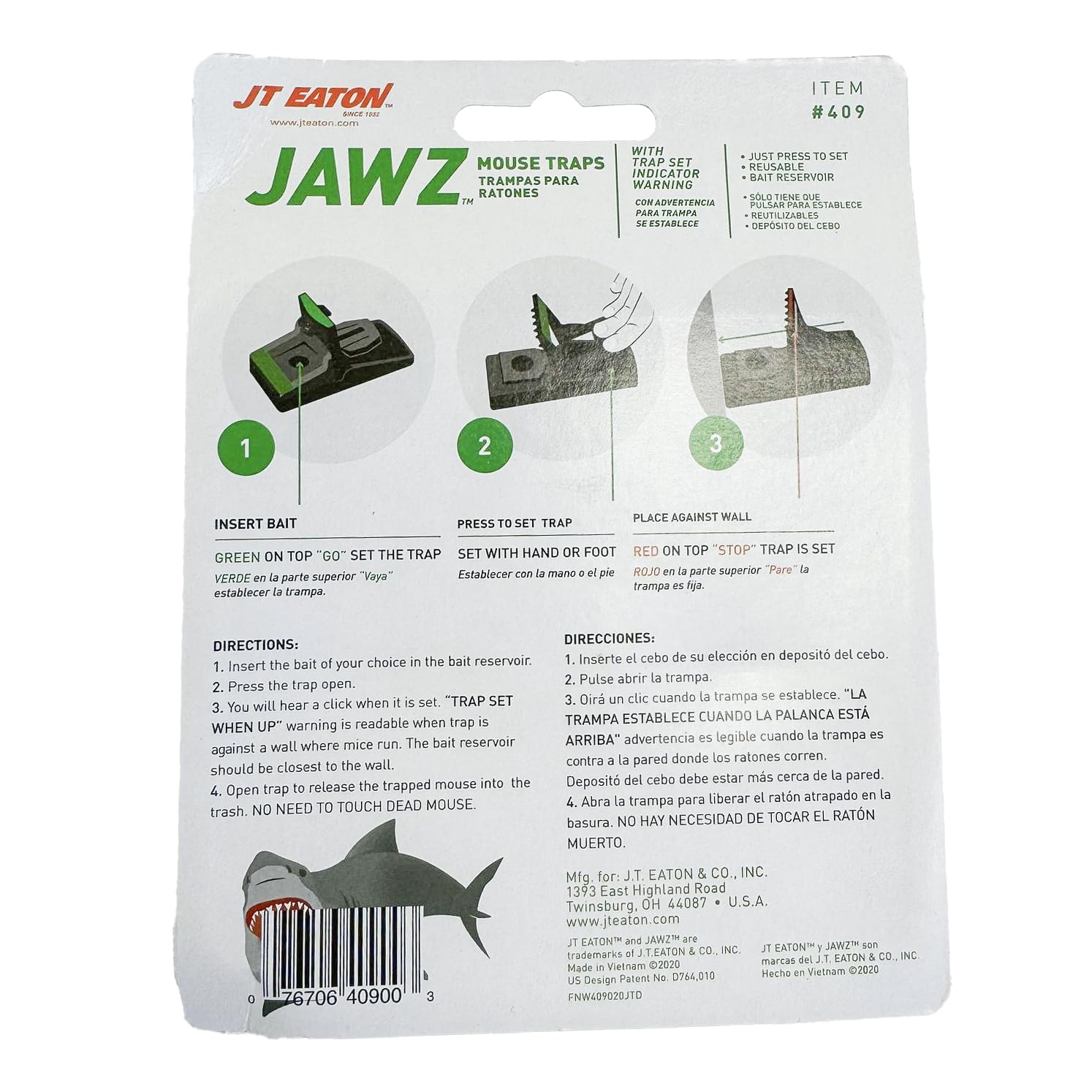 JT Eaton 409 Jawz Indoor Plastic Mouse Trap for Solid or Liquid Bait, Instant Kill Mouse Traps, No-Touch Disposal with Trap Set Indicator 2-Pack