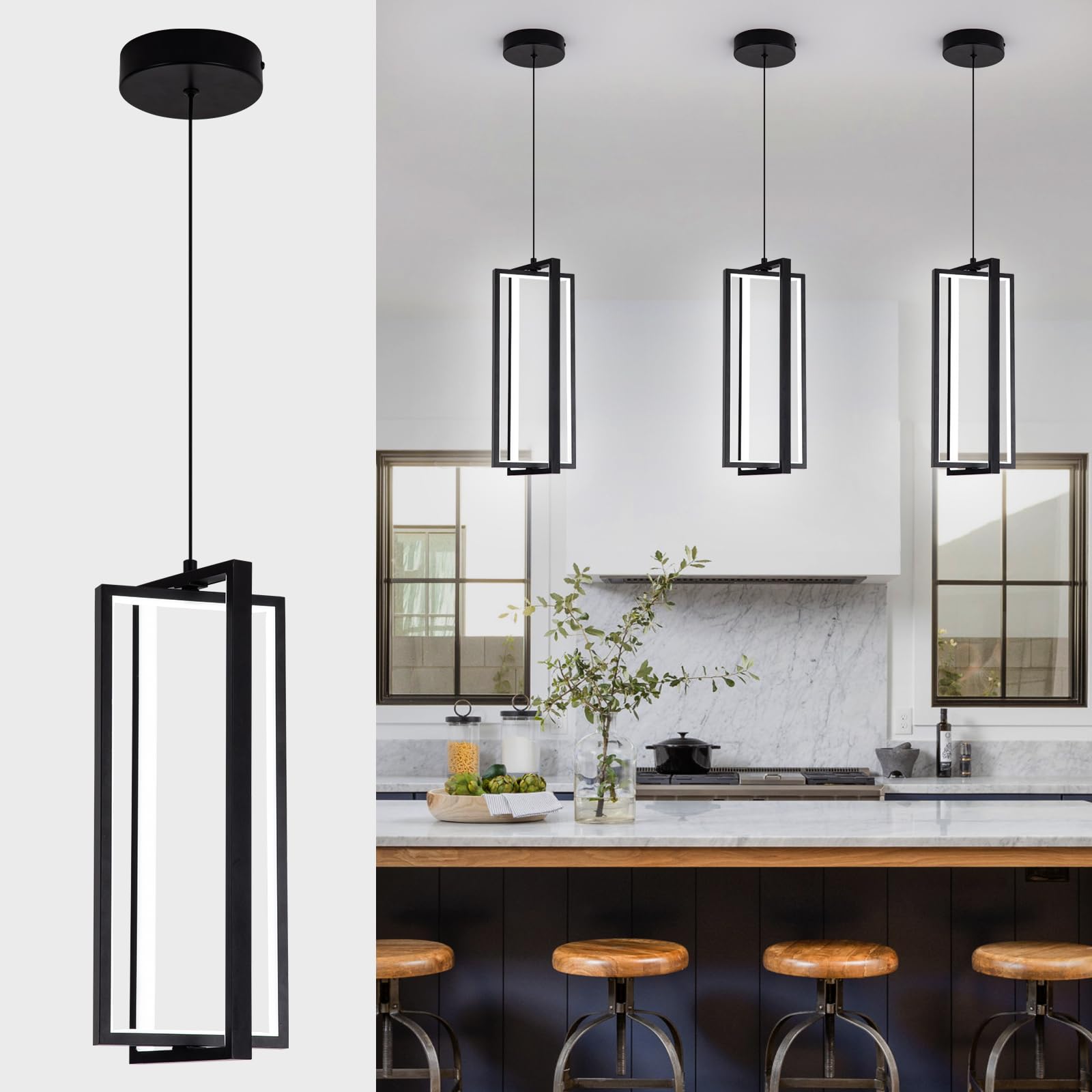 Photo 1 of EIDISUNY Modern Led Pendant Light Fixture, 15W led Pendant Lights Kitchen Island, 4500K Daylight White Pendant Lamp, Adjustable Height Black Pendant Light for Kitchen Dining Room Bedroom