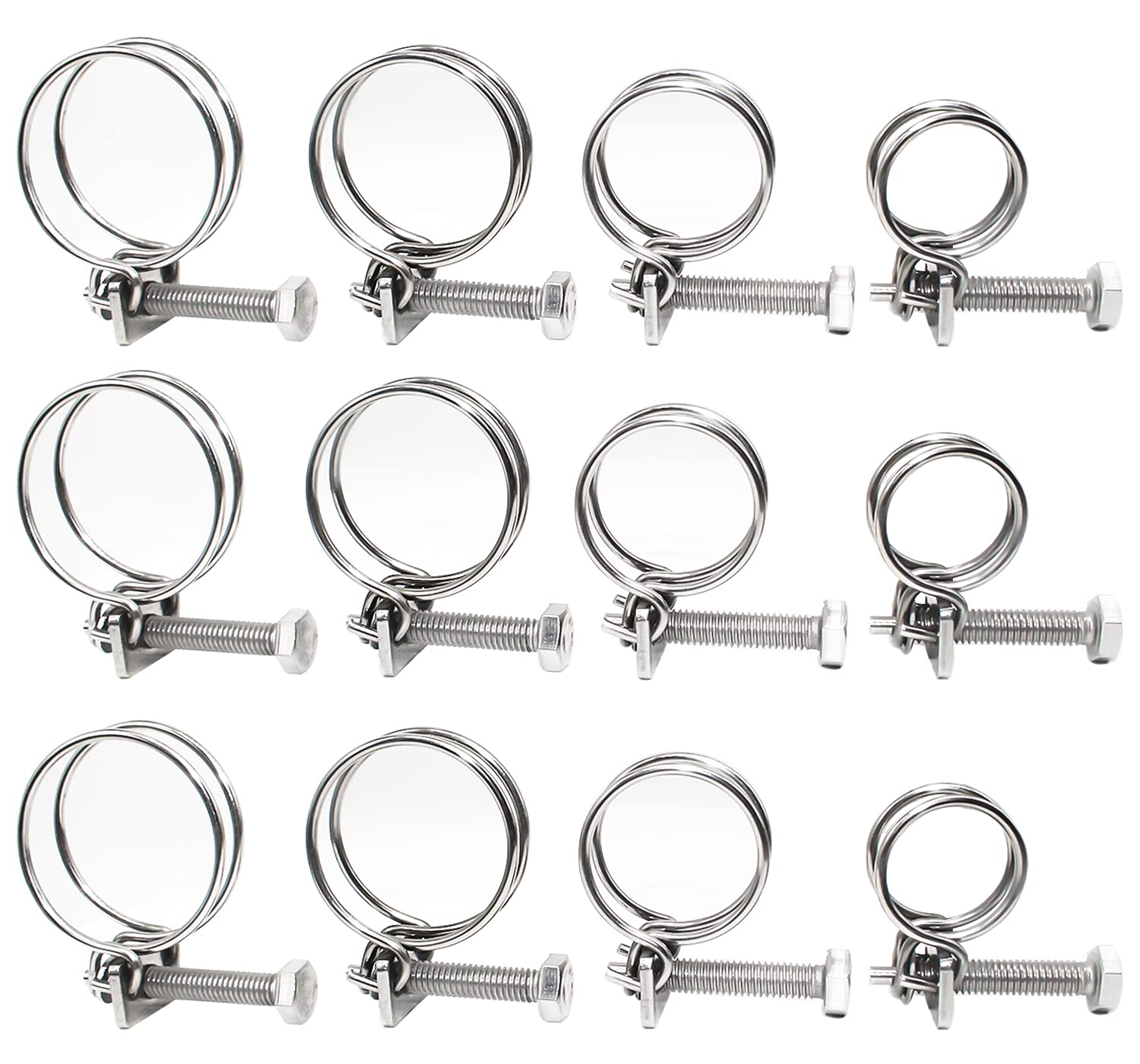 GIAK Double Wire Hose Clips Adjustable 304 Stainless Steel Hose Clamps 12PCS Double Wire Pond Hose Clips 4 Sizes Plumbing Fastener for 20 mm 25 mm 32 mm 36 mm Pipeline
