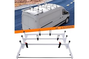 MELIPRON Van Ladder Roof Rack Fit for Ford Transit 150 250 350 Cargo Van 3 Crossbars with Rear Cargo Roller