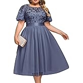 Ever-Pretty Plus Women's Round Neck Embroidery Short Sleeves Sequin Tulle Midi Plus Size Cocktail Wedding Guest Dresses