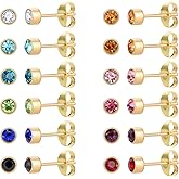 12 Pairs 18K Gold Plated Surgical Stainless Steel Stud Earring, Cubic Zirconia CZ Stud Earrings for Women, Multicolor Birthstone Stud Earrings Set