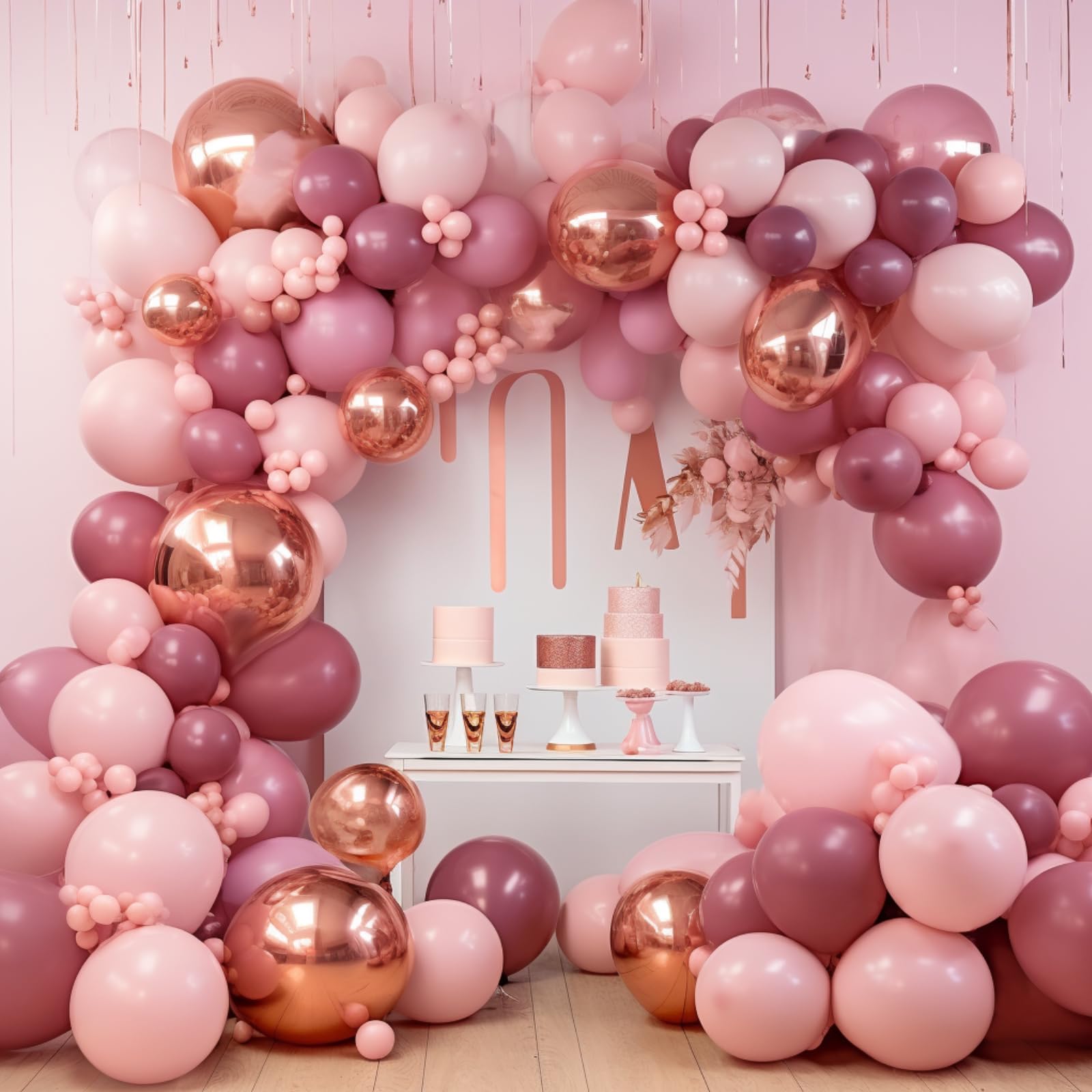 Photo 1 of PartyWoo Boho Pink and Rose Gold Balloons, 140 pcs Boho Pink and Metallic Rose Gold Balloons Different Sizes Pack of 18 Inch 12 Inch 10 Inch 5 Inch for Balloon Garland or Arch as Party Decorations