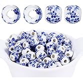 100Pcs Round Ceramic Beads, 8mm Blue Flower Beads, Handmade Porcelain Flower Round Bead Spacer Bead Craft Beading Kit for Jewelry Making and DIY Crafts