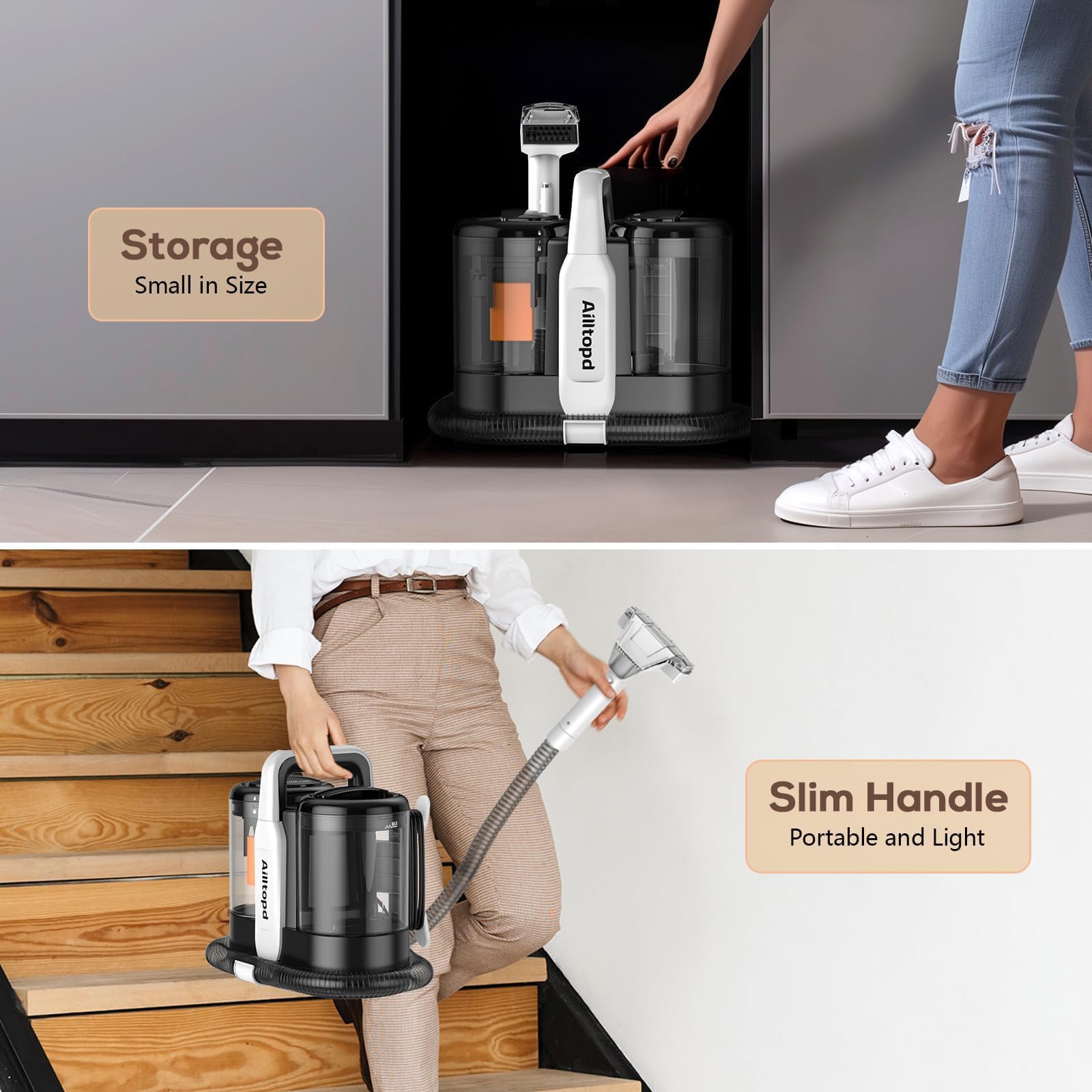 Portable Carpet & Upholstery Spot Cleaner, 15Kpa Powerful Suction & Spot Remover, Deep Stain Cleaning for Carpet, Car Seats, Pets, Stairs, Couches, with Dual Size BrushHead