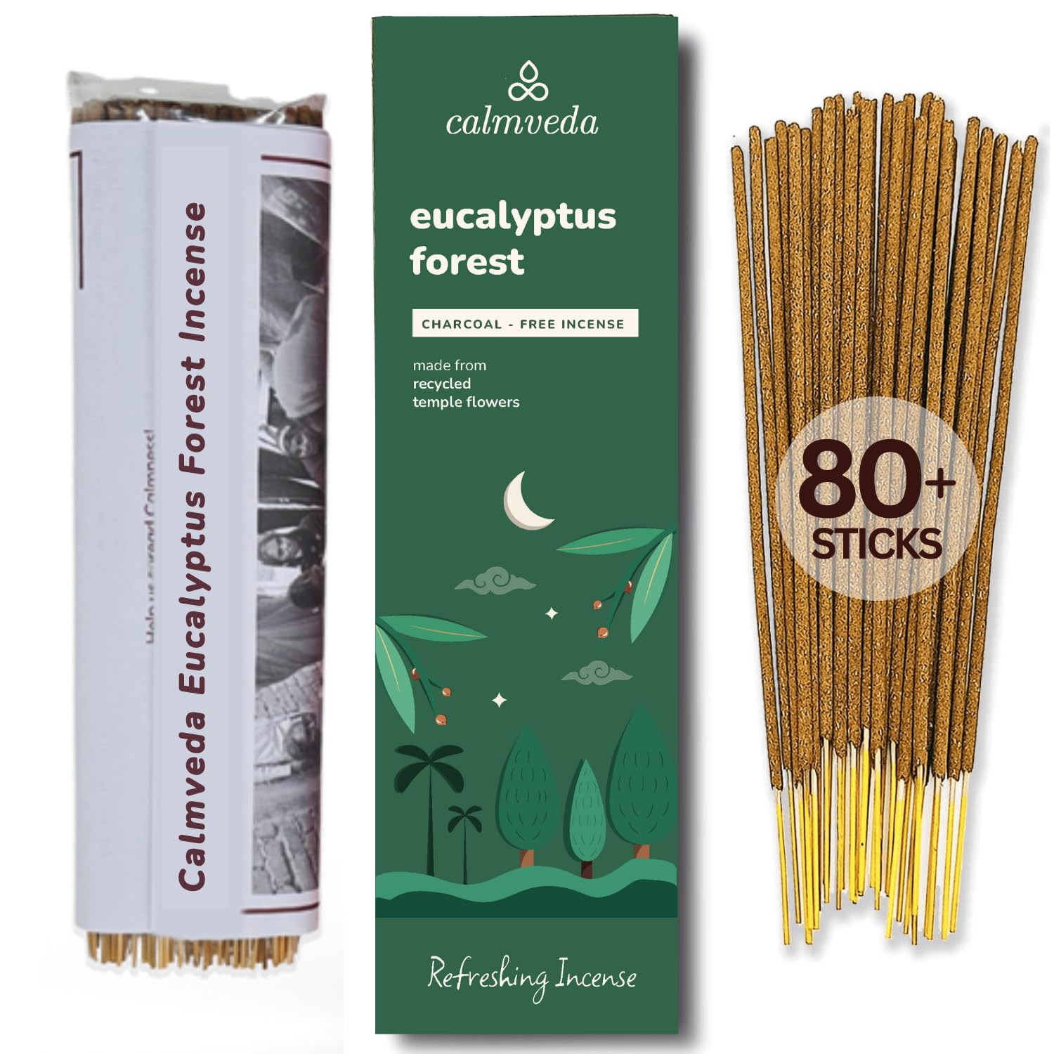 Photo 1 of Calmveda Forest Eucalyptus Incense Sticks - 80 Charcoal Free Incense Sticks, Made from Upcycled Flowers | Crisp, Refreshing Aroma of Rainforest, Transports You to Eucalyptus Forest