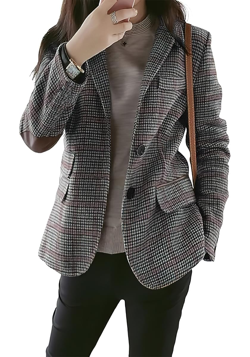 Photo 1 of ebossy Womens Vintage Nothced Lapel Single Breasted Boyfriend Blazer Suits Houndstooth Plaid Jacket Coat with Patched Elbow (Large, Grey)