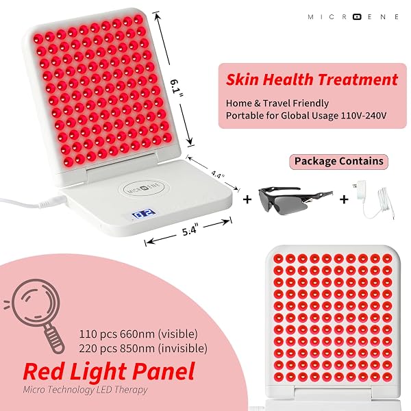 MICROENE RED LIGHT THERAPY LAMP, 110 TRI-CHIP LEDS, FOLDABLE PORTABLE TABLE LAMP, 660NM RED & 850NM NEAR INFRARED (NIR), TIMER, 110-240V, FACE & BODY