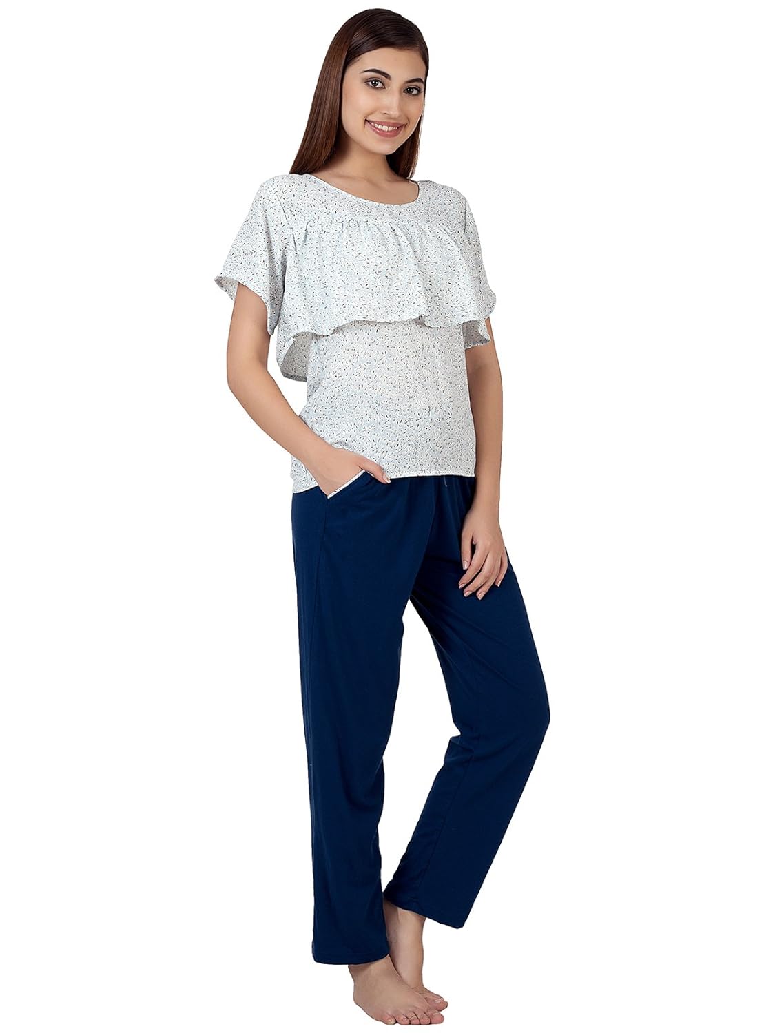 clovia women's crepe ruffled top & cotton rich pyjama