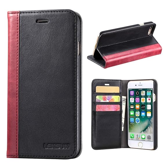 iPhone 8 Case, iPhone 7 Case, Lensun Genuine Leather Wallet Flip Case