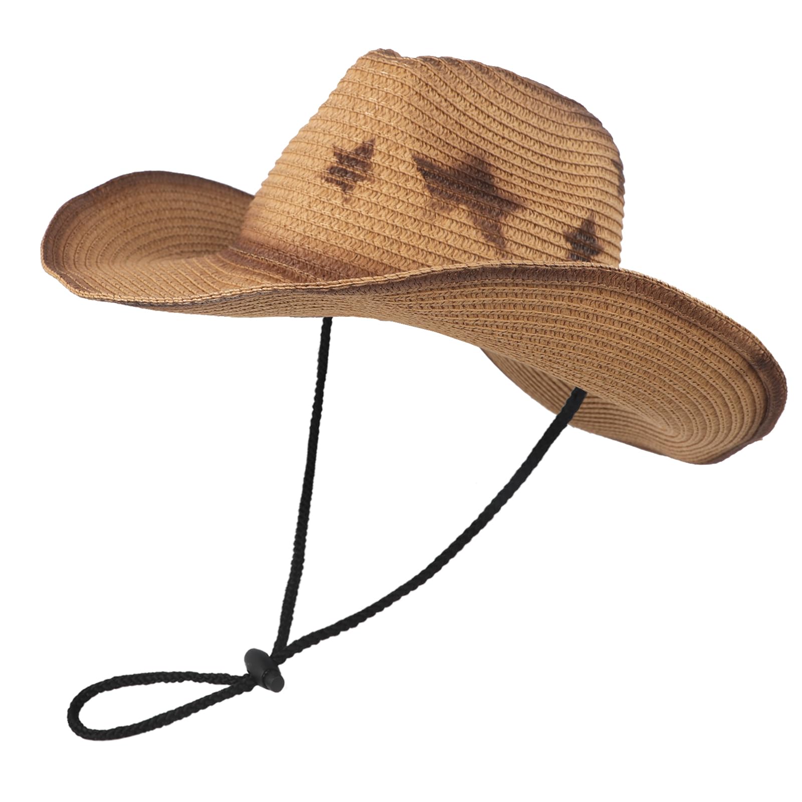 Photo 1 of Retro Cowboy Sun Hat with Star Patterns Adjustable Draw-Cord Large Wide Brim Summer Hats for Travel Farm Garden Stage Show (US, Alpha, One Size, Light Brown)