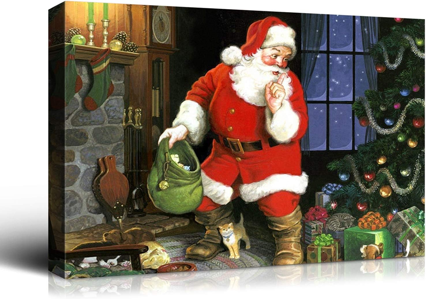 Paintings - Denozer - Canvas Wall Art Christmas Eve Santa Painting Artwork for Home Wall Decor,Stretched and Framed Ready to Hang - 40x30 inches