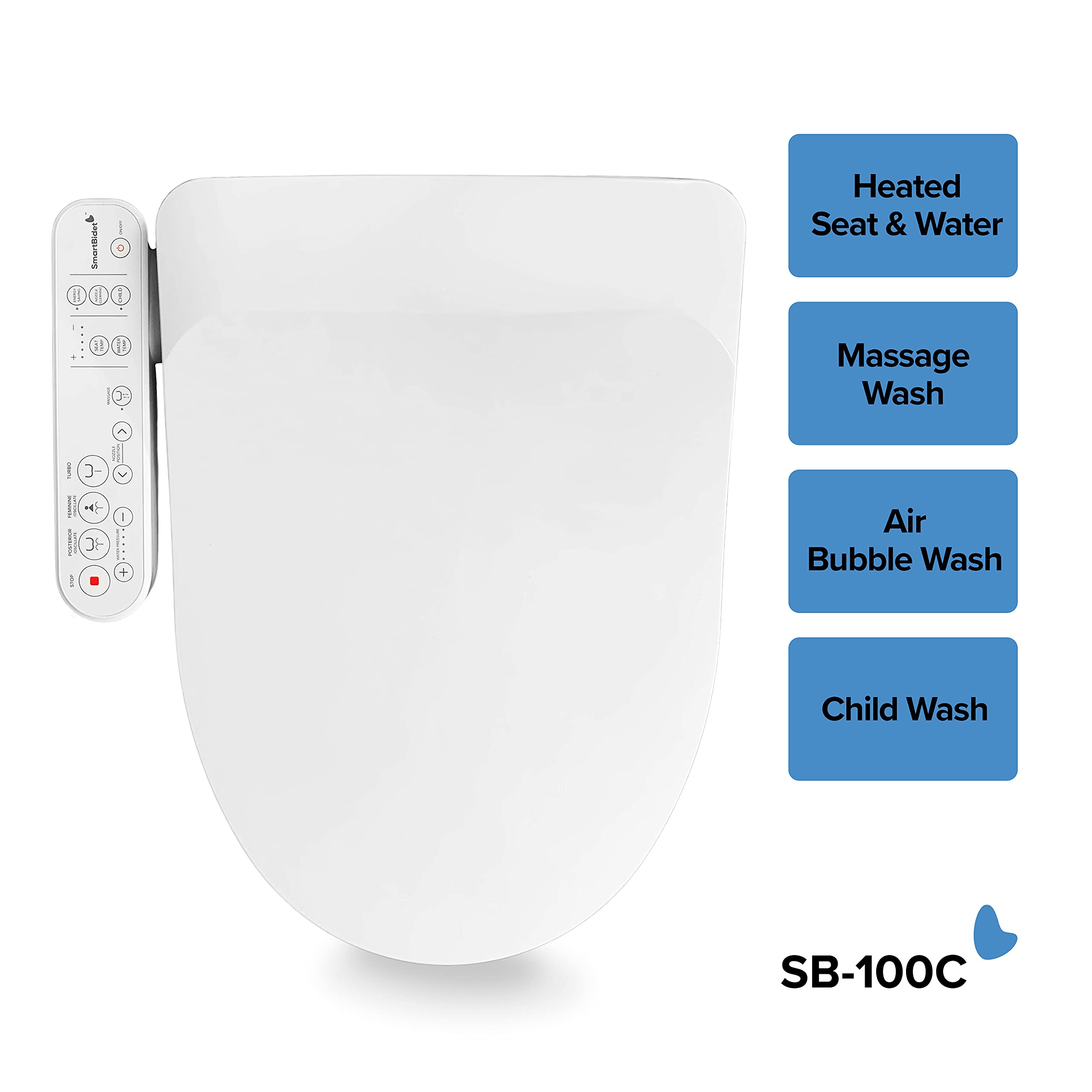 SmartBidet SB-100C Electric Bidet Seat for Elongated Toilets with Control Panel, Massage Wash, Child Wash, Heated Water and Seat