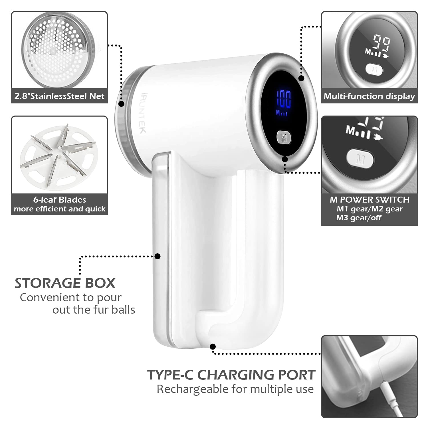 iRUNTEK Rechargeable Fabric Shaver, Electric Commercial Lint Remover with LED Display & Big Trash Box, 3-Speeds for Removing Fuzz and Pill from Clothes, Furniture, Sweater, Couch and Blanket, Silver