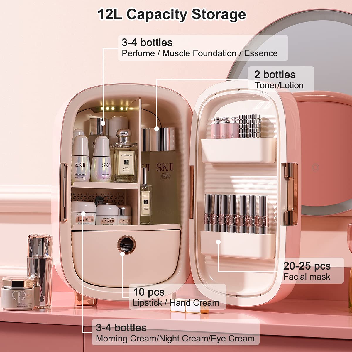 Skincare Fridge 12 Liter, Beauty Fridge for Comestic Storage, 10°C/50°F + Intelligent Constant Temperature Control Mini Compact Pink Cosmetics Refrigerator for Makeup Lipstick