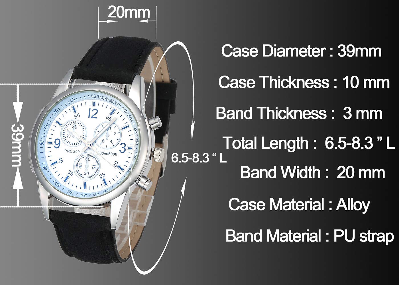 Top Plaza Mens Classic Leather Wrist Watch Casual Big Face Arabic Numerals Silver Case Analog Quartz Business Dress Watches - Black #2